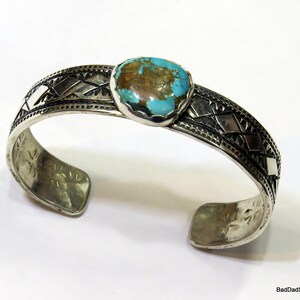 Heavy, diamond patterned, Sterling Silver and Figured Copper and Blue Turquoise Cuff, sz M