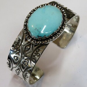 Kingman Turquoise and Stamped Sterling Silver Cuff Bracelet, Sz M - Etsy
