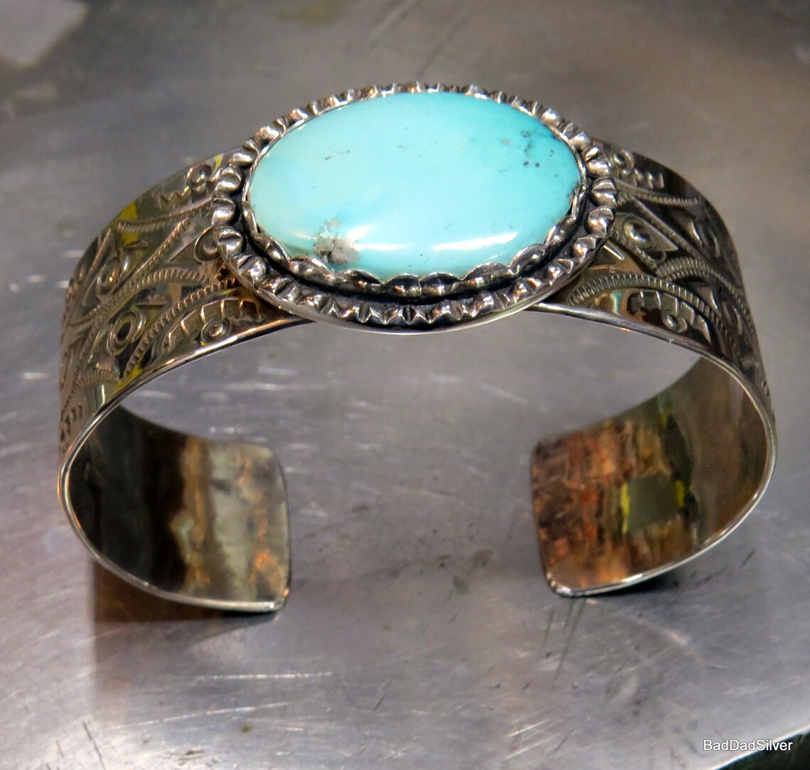 Kingman Turquoise and Stamped Sterling Silver Cuff Bracelet, Sz M - Etsy