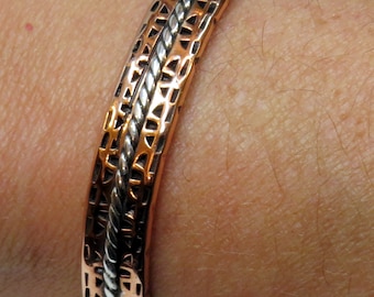 Hand stamped Copper Cuff Bracelet with Sterling Silver Rope pattern accent, ladies small to medium sz