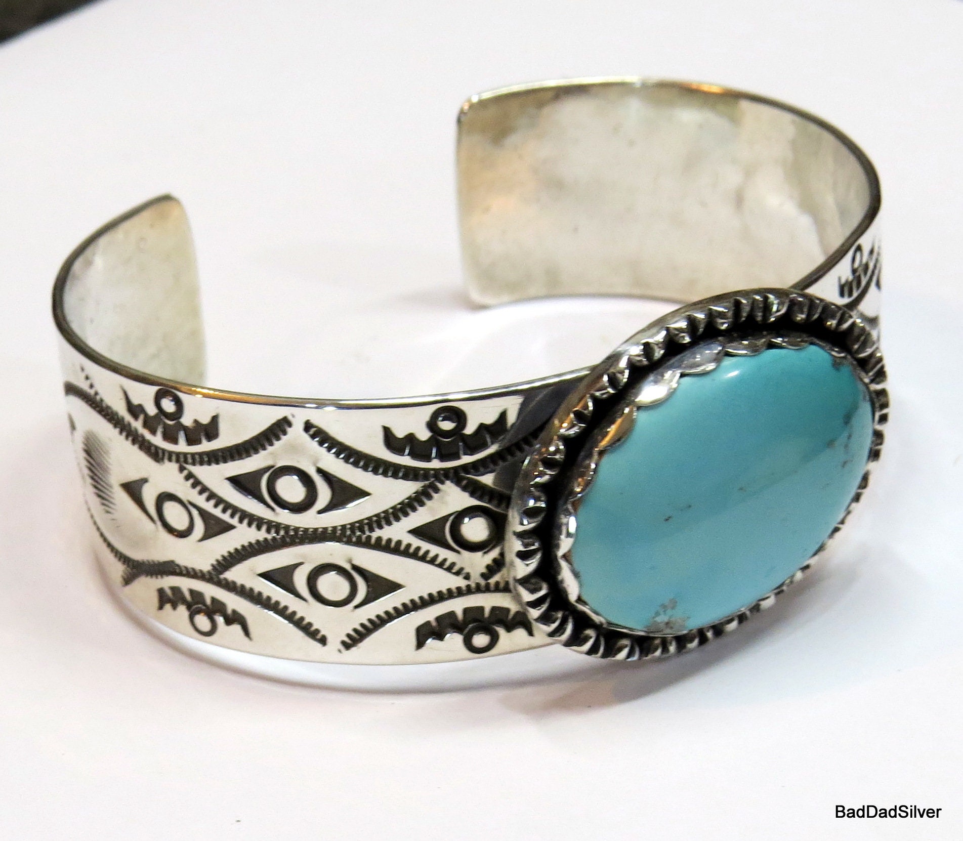 Kingman Turquoise and Stamped Sterling Silver Cuff Bracelet, Sz M - Etsy