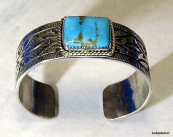 Petite sized, 3/4" wide, hand stamped silver cuff with 5/8" x 3/4" Kingman Turquoise