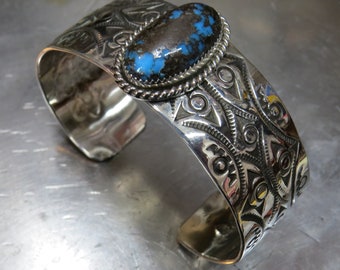 Wide, hand stamped, Sterling Silver Cuff, with beautiful Bisbee Turquoise Stone