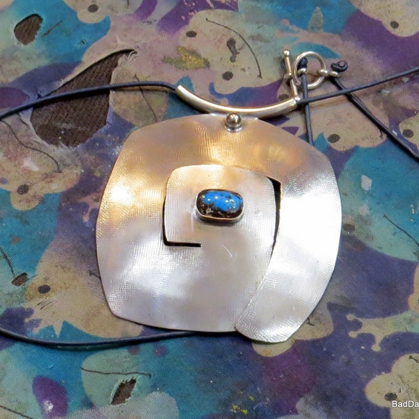 Large, Etruscan Inspired, Sterling Silver and Bisbee Turquoise Power Pendant