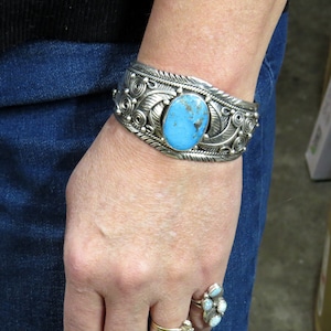 Vintage Navajo, Sterling Silver and Turquoise, Wide, Flowing, Cuff Bracelet