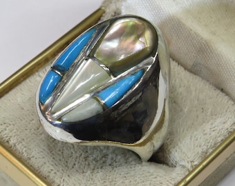 Großer Zuni Vintage Herrenring mit Abalone Perlmutt- und Türkis-Intarsien für Männer, Größe 14