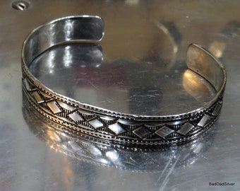 3/8" wide, Hand Stamped, Diamond Patterned, Sterling silver cuff. sz small, Medium