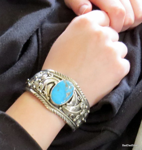 Vintage Navajo, Sterling Silver and Turquoise, Wide, Flowing
