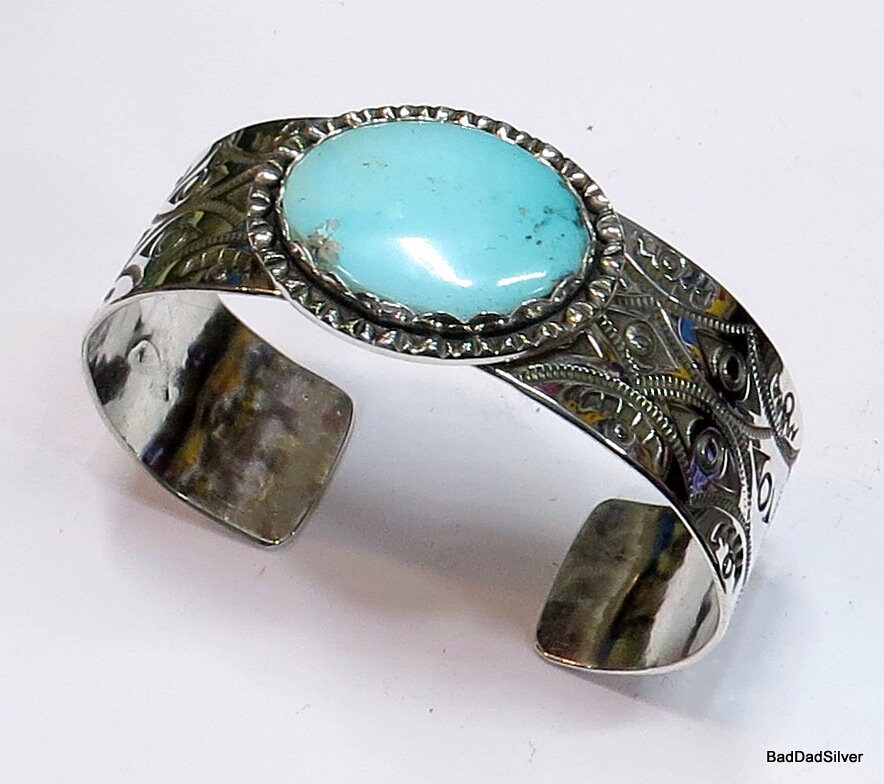 Kingman Turquoise and Stamped Sterling Silver Cuff Bracelet, Sz M - Etsy