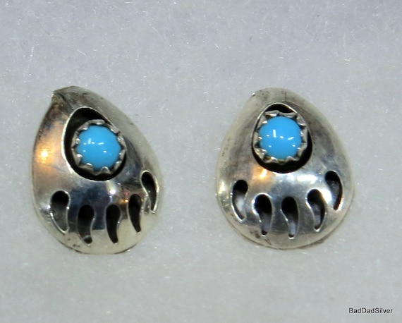 TURQUOISE Bear Paw Earrings Native American Jewelry Shadowbox Turquoise Earrings Bear Fetish Jewelry Vintage 1980s 80s Sterling