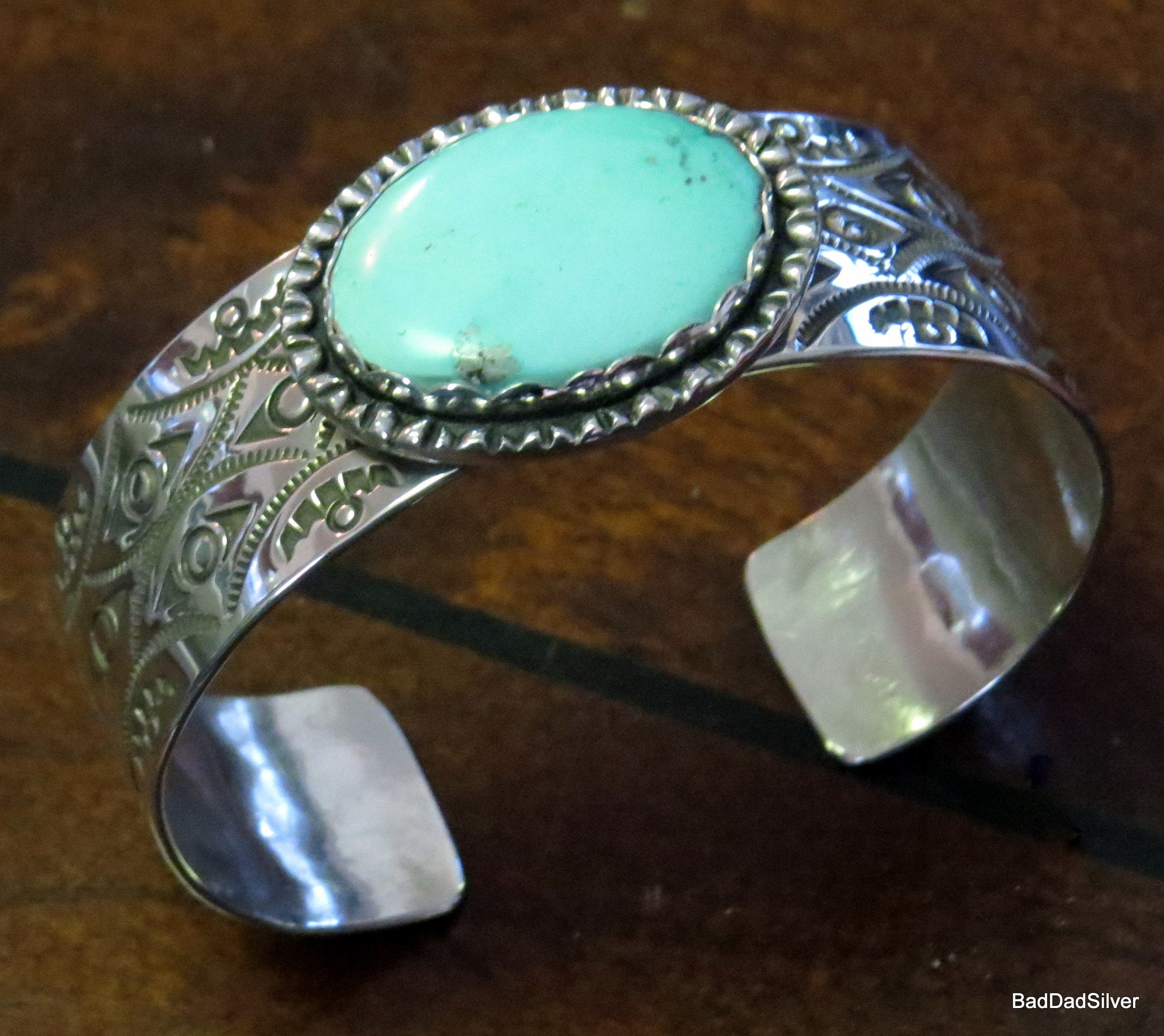 Kingman Turquoise and Stamped Sterling Silver Cuff Bracelet, Sz M - Etsy