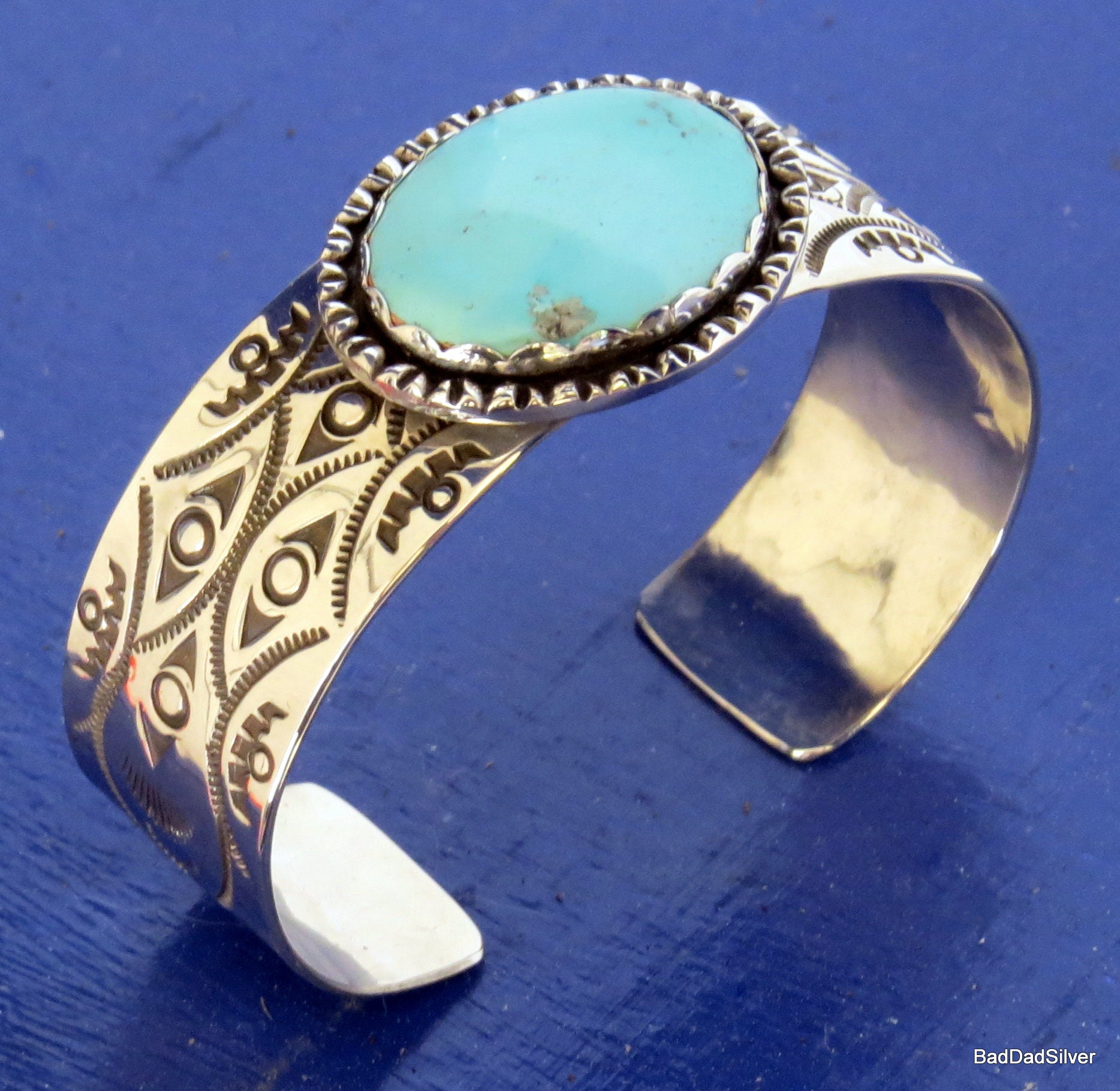 Kingman Turquoise and Stamped Sterling Silver Cuff Bracelet, Sz M - Etsy