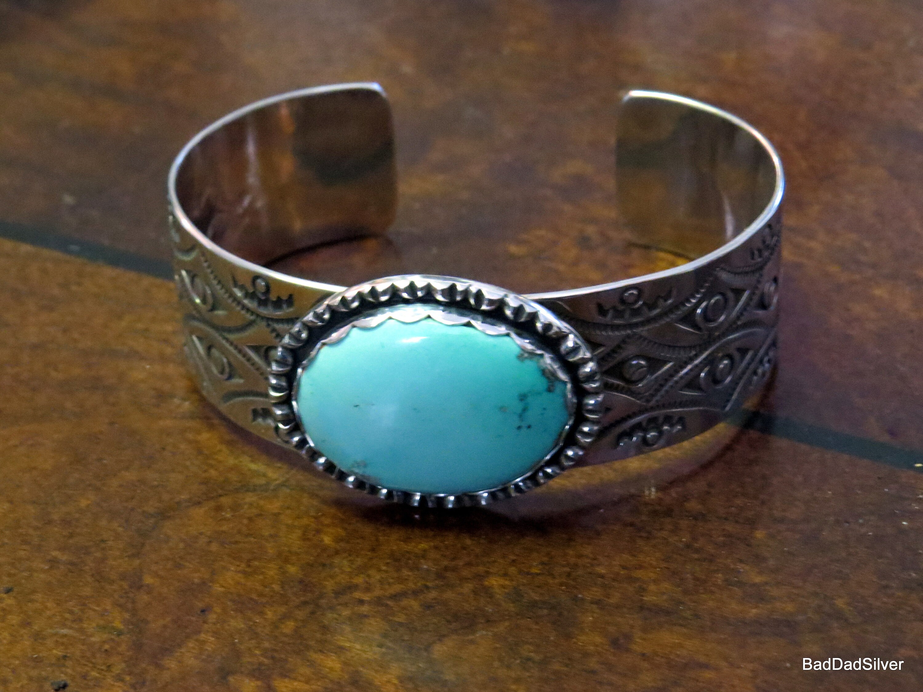 Kingman Turquoise and Stamped Sterling Silver Cuff Bracelet, Sz M - Etsy