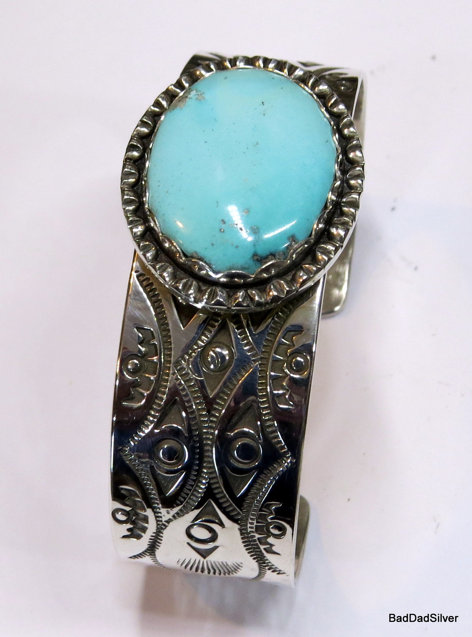 Kingman Turquoise and Stamped Sterling Silver Cuff Bracelet, Sz M - Etsy