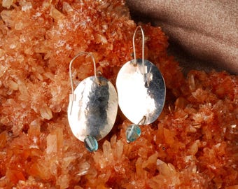 hammered silver, blue glass bead dangle earrings