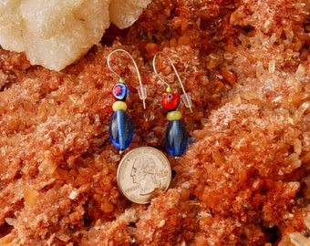 Millefiori glass bead, yellow jade & blue glass dangle earrings