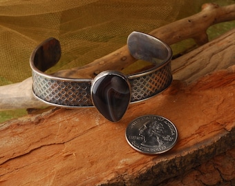Botswana agate, heavy textured sterling silver cuff bracelet