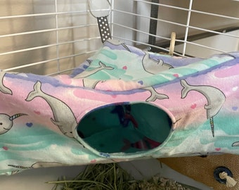 Cute Narwhal Print Corner Hut Hammock for Rats, Ferrets, Chinchillas, Guinea pigs, Sugar Gliders, Hedhehogs, and other Small Animals