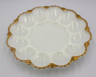 Holiday Vintage Retro Deviled Egg Milk Glass Dish