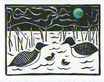 Greeting card green “Loons and Northern Lights“ with deckle edge