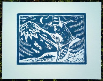 Laser print teal "Raccoon and Mount Tacoma (Rainier)"