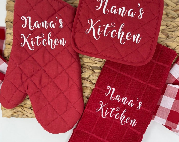 Personalized Kitchen Gift Set | Embroidered Towel, Pot Holder & Oven Mitt