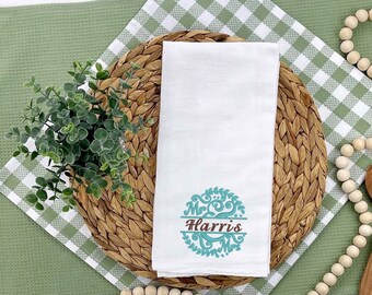 Embroidered Cotton Tea Towel | Custom Monogram, Wedding Gift