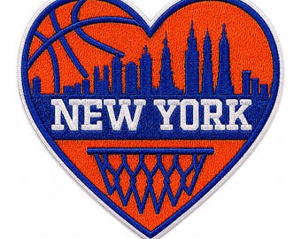 Knicks Inspired Basketball Heart Patch | New York Orange & Blue Embroidered Iron On Patch | Sports Fan Sew On Patch for hats, jackets,  Bags