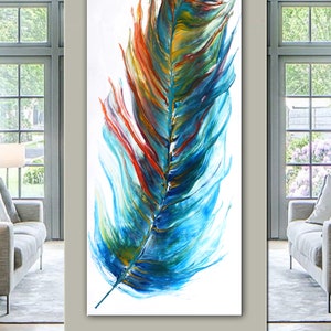 Original Feather Painting, Abstract Colorful Feather, Acrylic Pour Painting, Extra Large UNSTRETCHED Canvas Art, Modern Wall Decor by Nata image 7