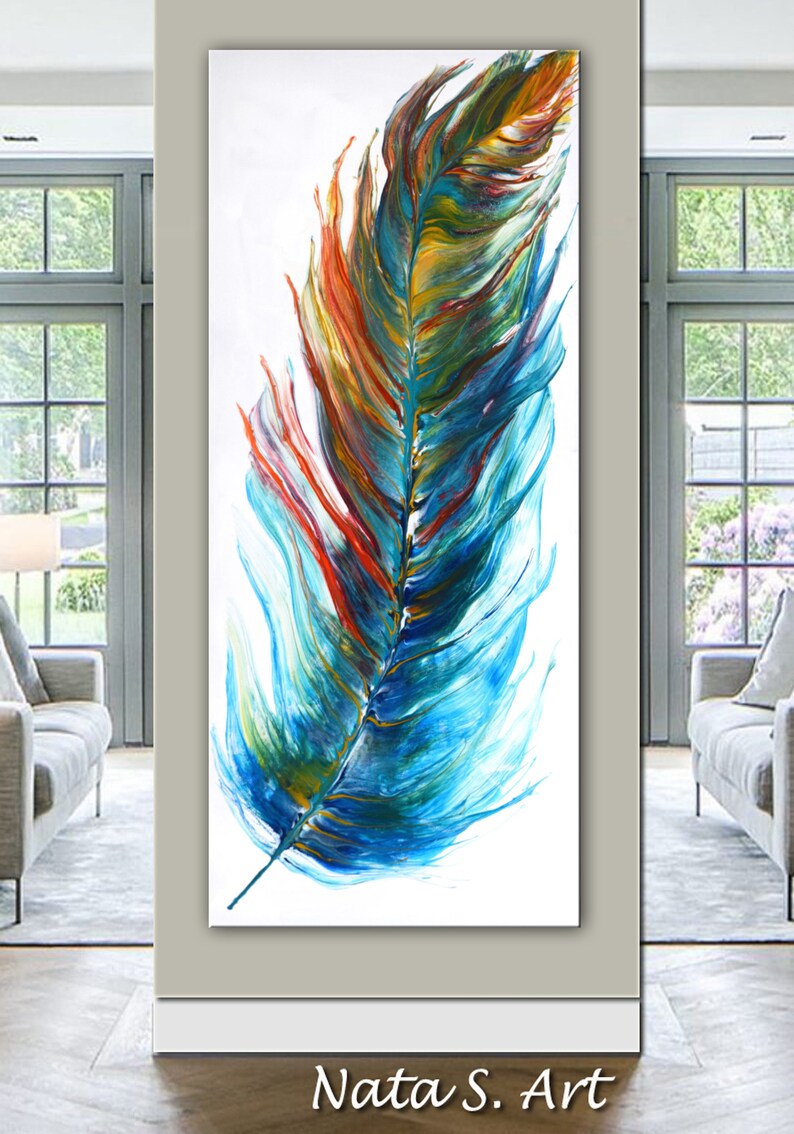 Original Feather Painting, Abstract Colorful Feather, Acrylic Pour Painting, Extra Large UNSTRETCHED Canvas Art, Modern Wall Decor by Nata image 7