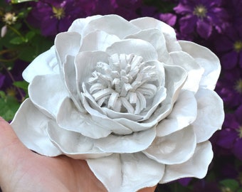 Flower Wall Art, White Pearl Lotus Wall Sculpture, 3D Floral Wall Art, Lotus Clay Flower, Home Wall Decor, Wall Hanging Art