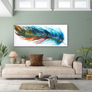 Original Feather Painting, Abstract Colorful Feather, Acrylic Pour Painting, Extra Large UNSTRETCHED Canvas Art, Modern Wall Decor by Nata image 5