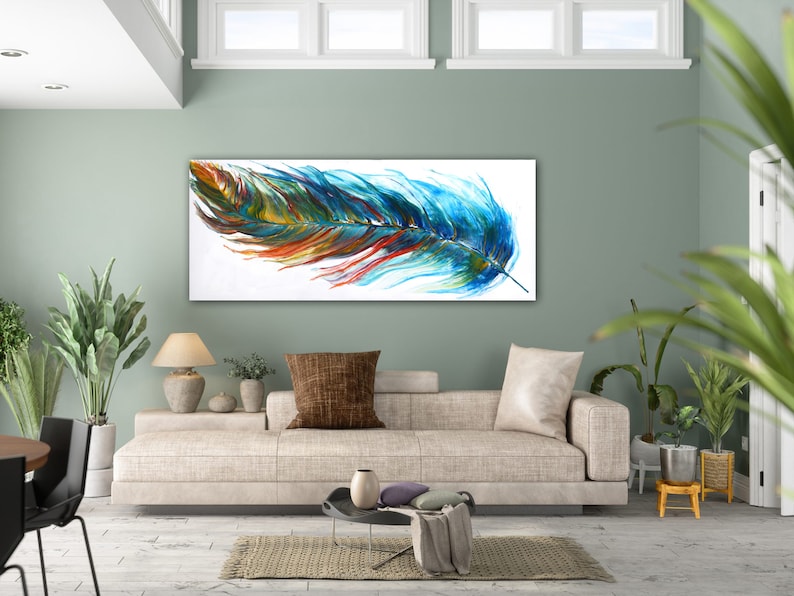 Original Feather Painting, Abstract Colorful Feather, Acrylic Pour Painting, Extra Large UNSTRETCHED Canvas Art, Modern Wall Decor by Nata image 5