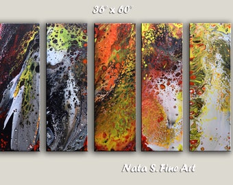 Extra Large Abstract Painting, Colorful Modern Wall Art, Acrylic Pour Painting, Multi-Panel Vertical Wall Art, Home Wall Decor by Nata S