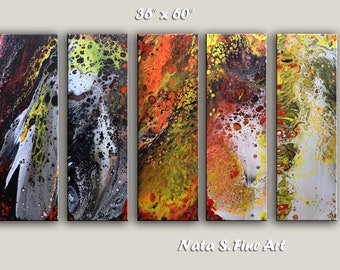 Pittura astratta extra large, arte da parete moderna colorata, pittura acrilica, arte da parete verticale multi-pannello, decorazione da parete per la casa di Nata S