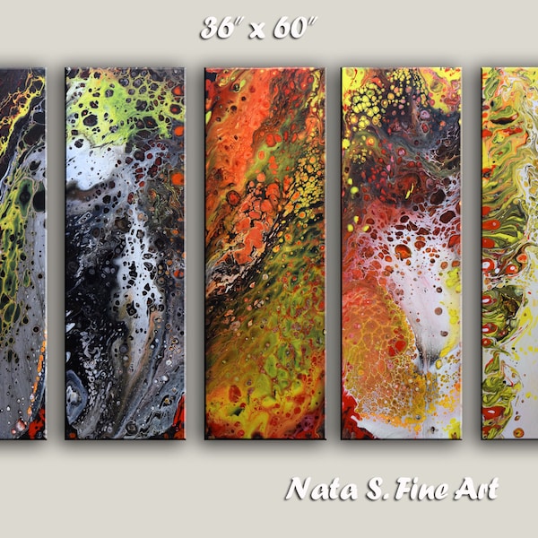 Extra Large Abstract Painting, Colorful Modern Wall Art, Acrylic Pour Painting, Multi-Panel Vertical Wall Art, Home Wall Decor by Nata S