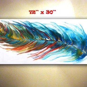 Original Feather Painting, Abstract Colorful Feather, Acrylic Pour Painting, Extra Large UNSTRETCHED Canvas Art, Modern Wall Decor by Nata