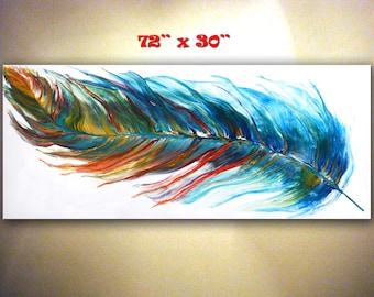 Original Feather Painting, Abstract Colorful Feather, Acrylic Pour Painting, Extra Large UNSTRETCHED Canvas Art, Modern Wall Decor by Nata