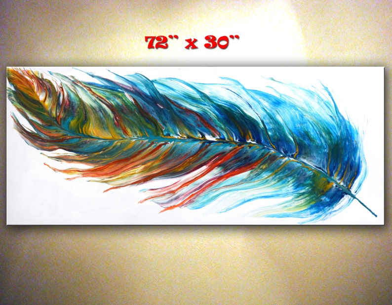 Original Feather Painting, Abstract Colorful Feather, Acrylic Pour Painting, Extra Large UNSTRETCHED Canvas Art, Modern Wall Decor by Nata image 1