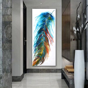 Original Feather Painting, Abstract Colorful Feather, Acrylic Pour Painting, Extra Large UNSTRETCHED Canvas Art, Modern Wall Decor by Nata image 8