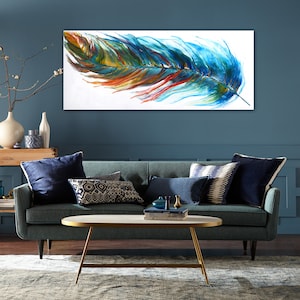 Original Feather Painting, Abstract Colorful Feather, Acrylic Pour Painting, Extra Large UNSTRETCHED Canvas Art, Modern Wall Decor by Nata image 6