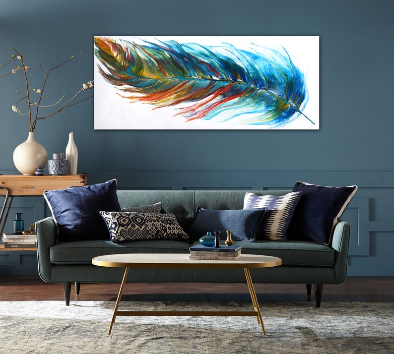 Original Feather Painting, Abstract Colorful Feather, Acrylic Pour Painting, Extra Large UNSTRETCHED Canvas Art, Modern Wall Decor by Nata image 6