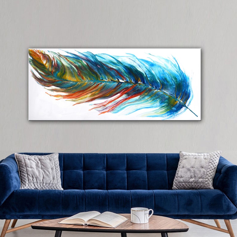 Original Feather Painting, Abstract Colorful Feather, Acrylic Pour Painting, Extra Large UNSTRETCHED Canvas Art, Modern Wall Decor by Nata image 2