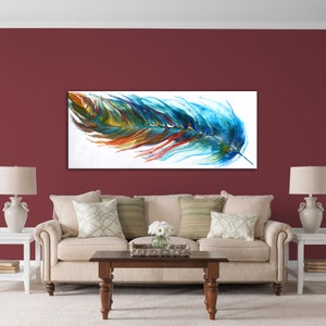 Original Feather Painting, Abstract Colorful Feather, Acrylic Pour Painting, Extra Large UNSTRETCHED Canvas Art, Modern Wall Decor by Nata image 4