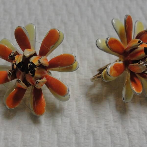 Vintage Orange and Yellow Metal Flower Clip Earrings