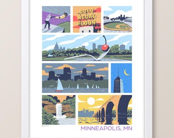May include: Framed art print with colourful illustrations of Minneapolis landmarks. The print includes images of a baseball field, a cherry spoon sculpture, sailboats, a waterfall, and a bridge. The text "GOLD MEDAL FLOUR" is visible.