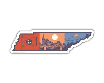 May include: A sticker of the state of Tennessee with a red, white, and blue flag in the upper left corner. The state is divided into three sections, with the left section showing the flag, the middle section showing the Nashville skyline, and the right section showing a mountain range at night.