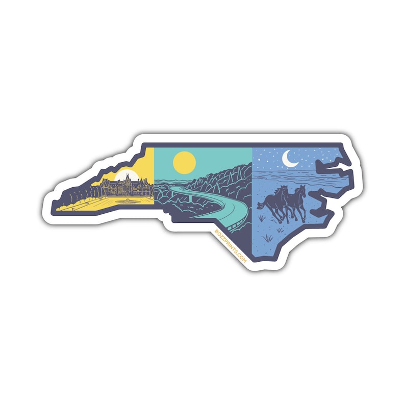 May include: A blue and yellow sticker of the state of North Carolina featuring different scenes from the state. The left side shows a yellow sunset with a building in the distance. The middle shows a green mountain with a winding road. The right side shows a blue night sky with a crescent moon and three horses running on the beach.