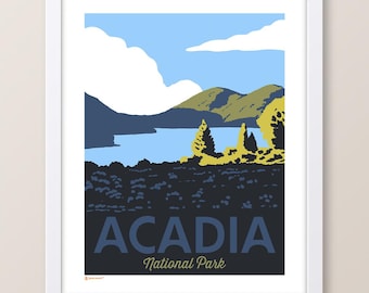 May include: Framed art print featuring a stylized landscape of Acadia National Park. The artwork depicts a lake, mountains, trees, and clouds in shades of blue, green, and yellow. The word "ACADIA" is prominently displayed, with "National Park" below.