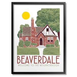 May include: A retro-style illustration of a red brick house with a green roof and white trim. The house has a white door and a small porch. There are green trees and bushes around the house. The sun is shining in the sky. The text "BEAVERDALE WELCOME TO THE NEIGHBORHOOD" is at the bottom of the image.